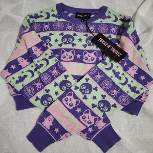 Dollskill Trickz N Treatz Pastel Goth Fairisle Print Cropped Long Sleeve Sweater